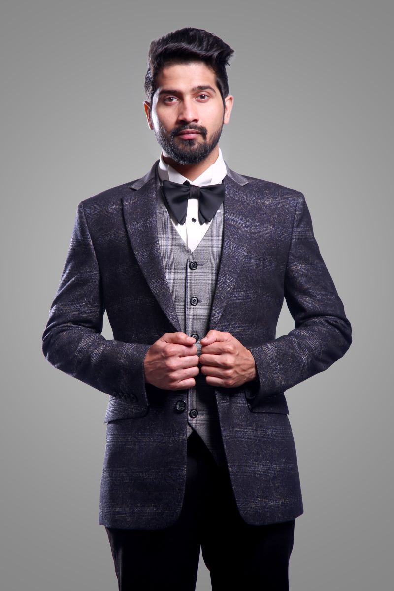 3PC SUIT WITH SILK WOOL CHECK JACKET Ajjay-Mehrra