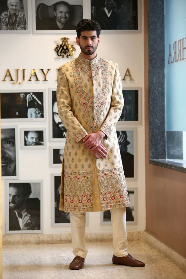 PEACH AND RED THREADED SHERWANI Ajjay-Mehrra