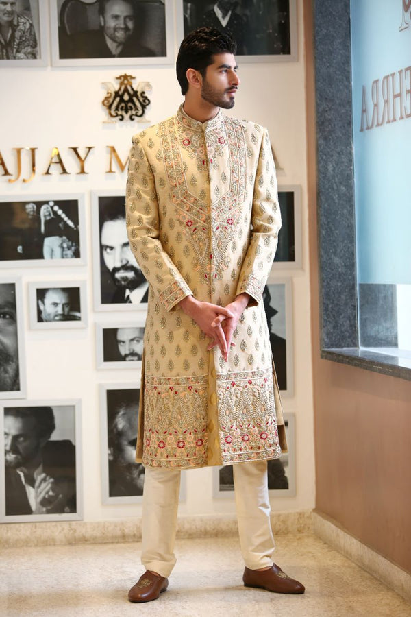 PEACH AND RED THREADED SHERWANI Ajjay-Mehrra