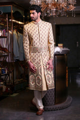 SHERWANI IN PEACH AND RED THEMED PANELS Ajjay-Mehrra