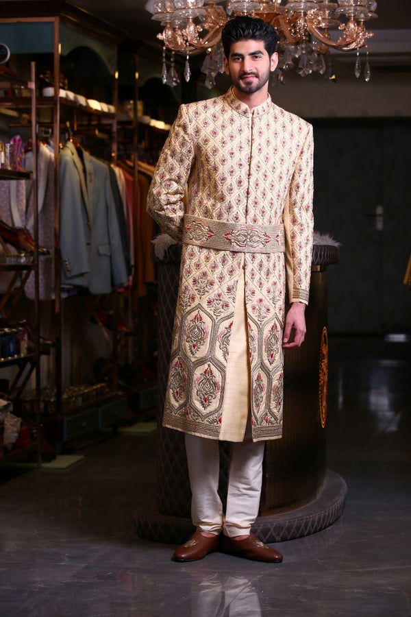 SHERWANI IN PEACH AND RED THEMED PANELS Ajjay-Mehrra