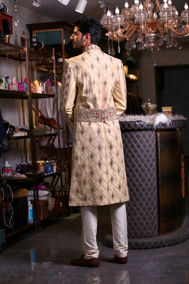 SHERWANI IN PEACH AND RED THEMED PANELS Ajjay-Mehrra
